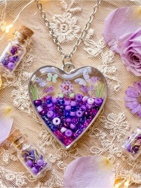 Whimsical Heart Pendant Necklace in Purple with Bead Fill